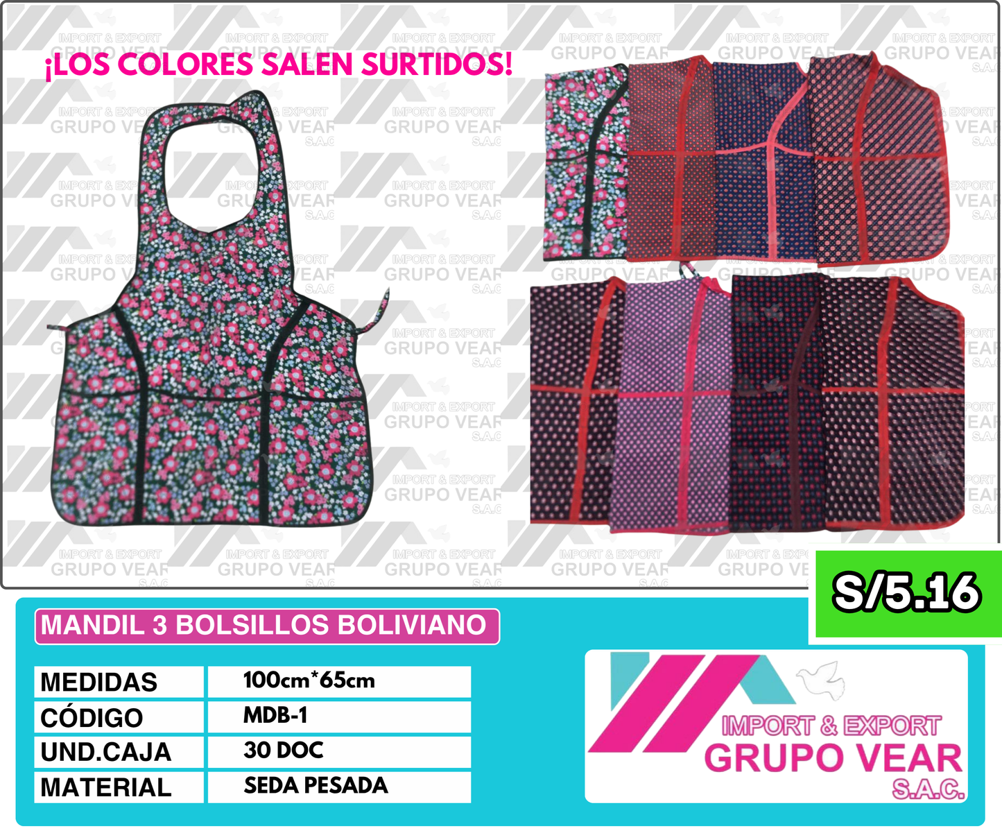 MANDIL 3 BOLSILLOS BOLIVIANO (30 DOC)
