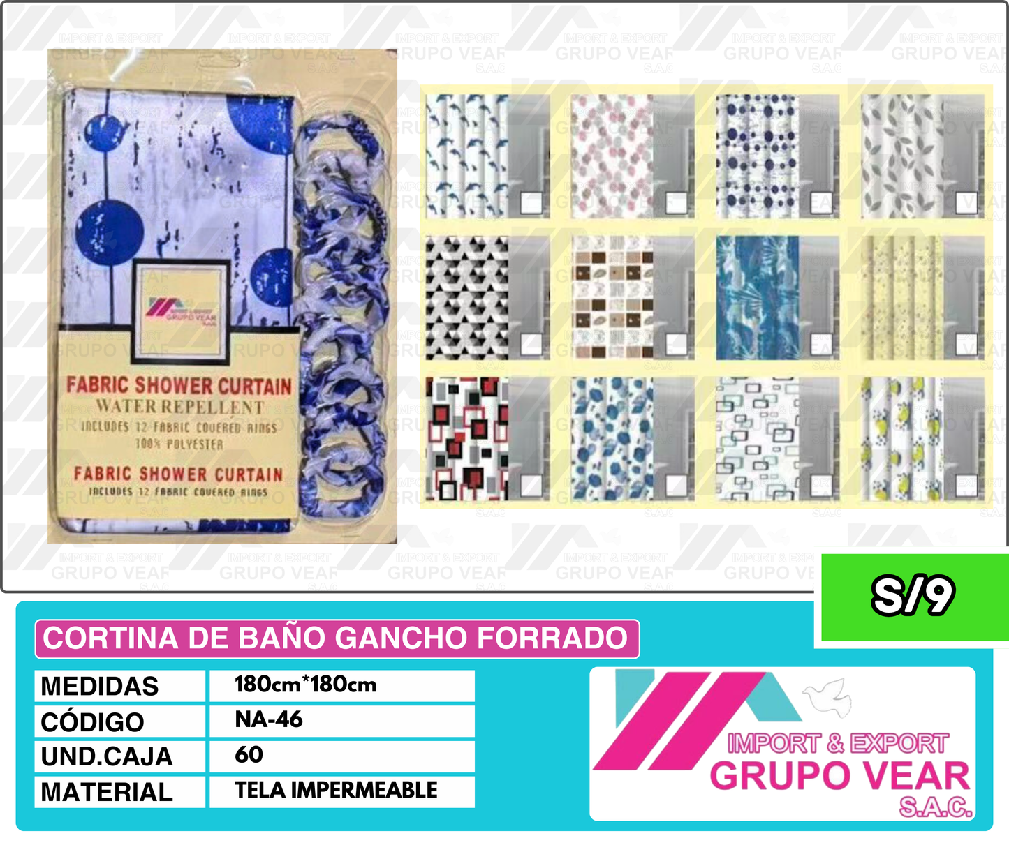 CORTINA DE BAÑO GANCHO FORRADO (60UND)