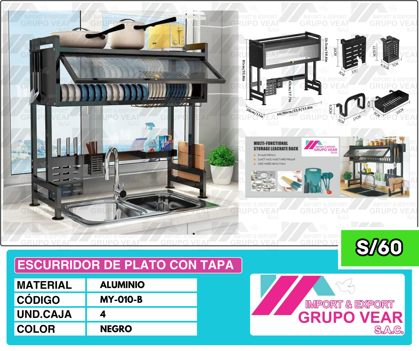 ESCURRIDOR DE COCINA 85CM CON TAPA (4 UNIDADES)