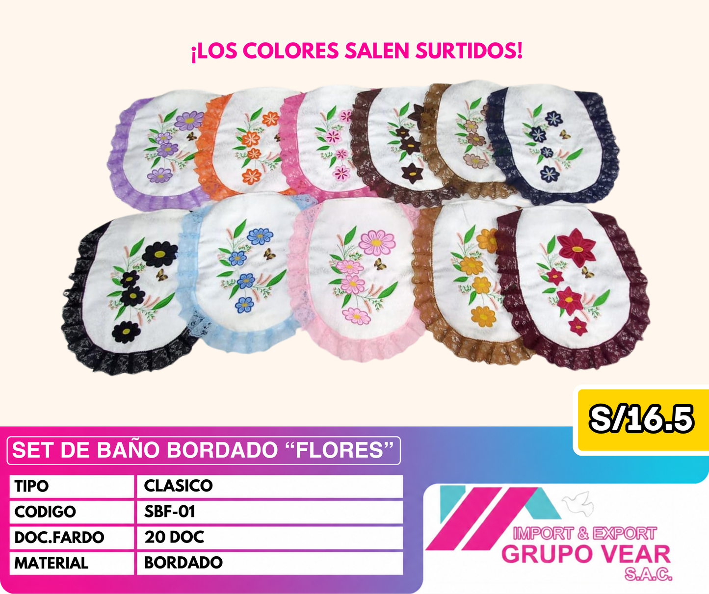 SET DE BAÑO BORDADO FORMA DE "FLORES" (20 DOC)