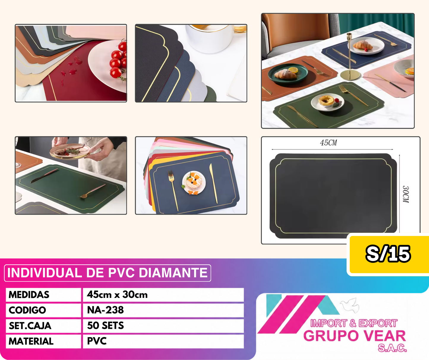 INDIVIDUAL DE PVC DIAMANTE (50 SETS)