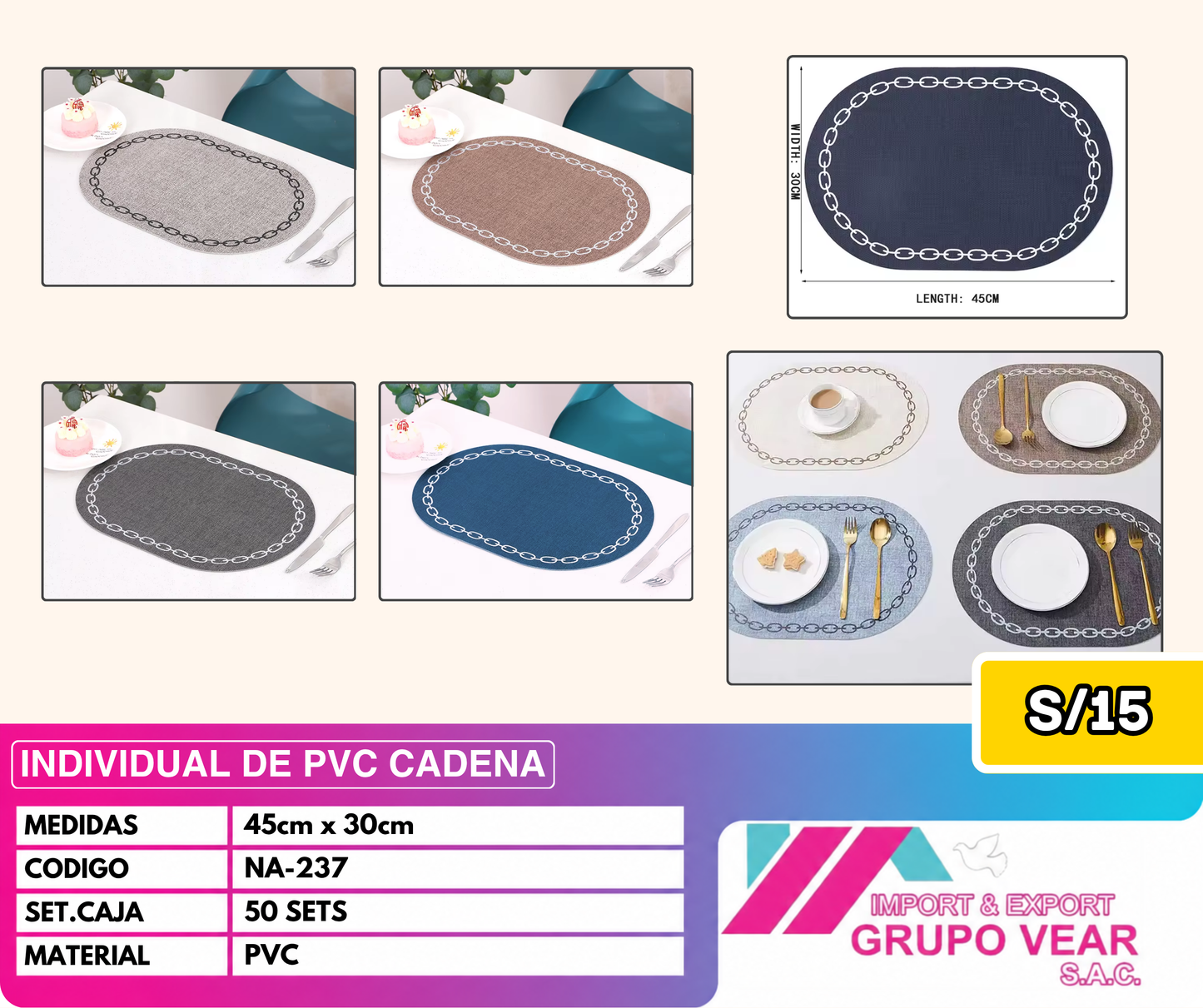 INDIVIDUAL DE PVC CADENA (50 SETS)
