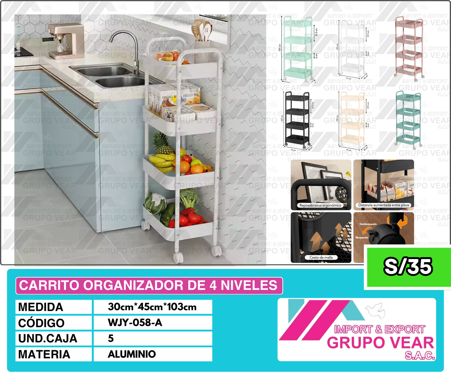 CARRITO ORGANIZADOR DE 4 NIVELES (5 UNIDADES)
