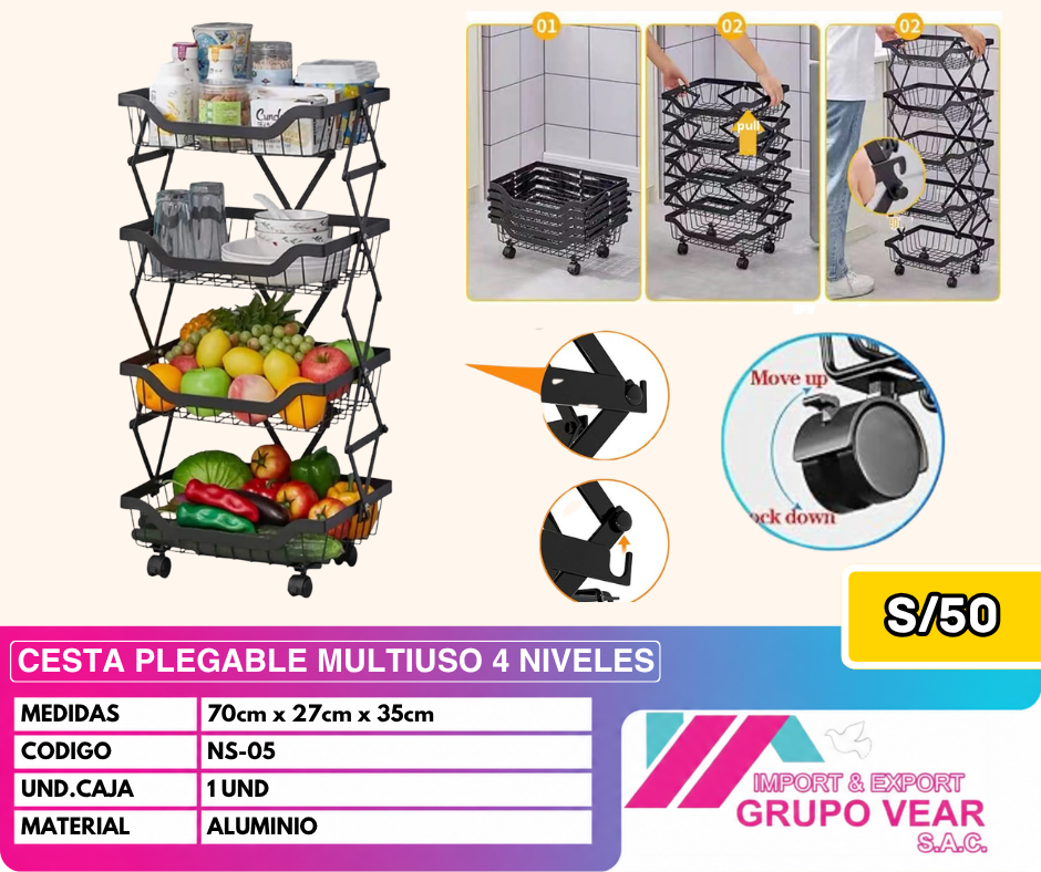 CESTA PLEGABLE MULTIUSO 4 NIVELES (1 UNIDAD)