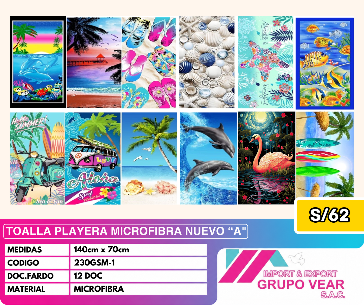 TOALLA PLAYERA MICROFIBRA NUEVO "A" (12 DOC)