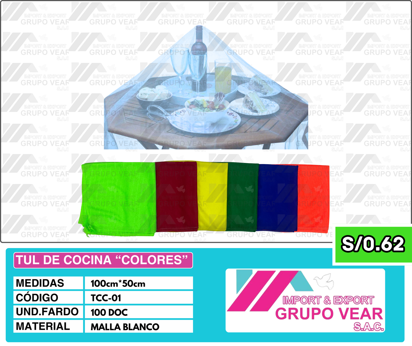TUL DE COCINA “COLORES” (100 DOC)
