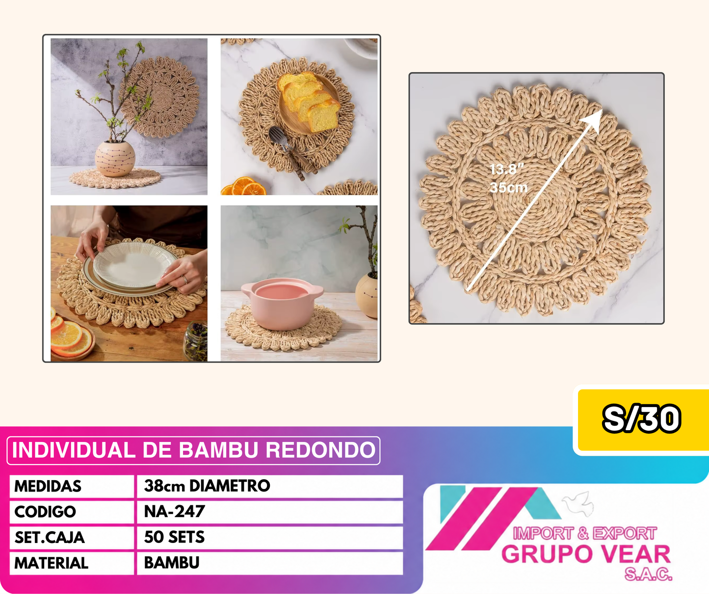 INDIVIDUAL DE BAMBU REDONDO (50 SETS)