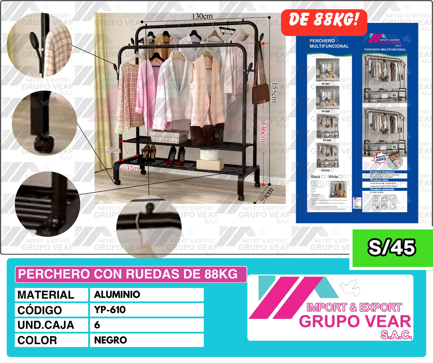 PERCHERO CON RUEDAS DE 2 NIVELES (6 UNIDADES)