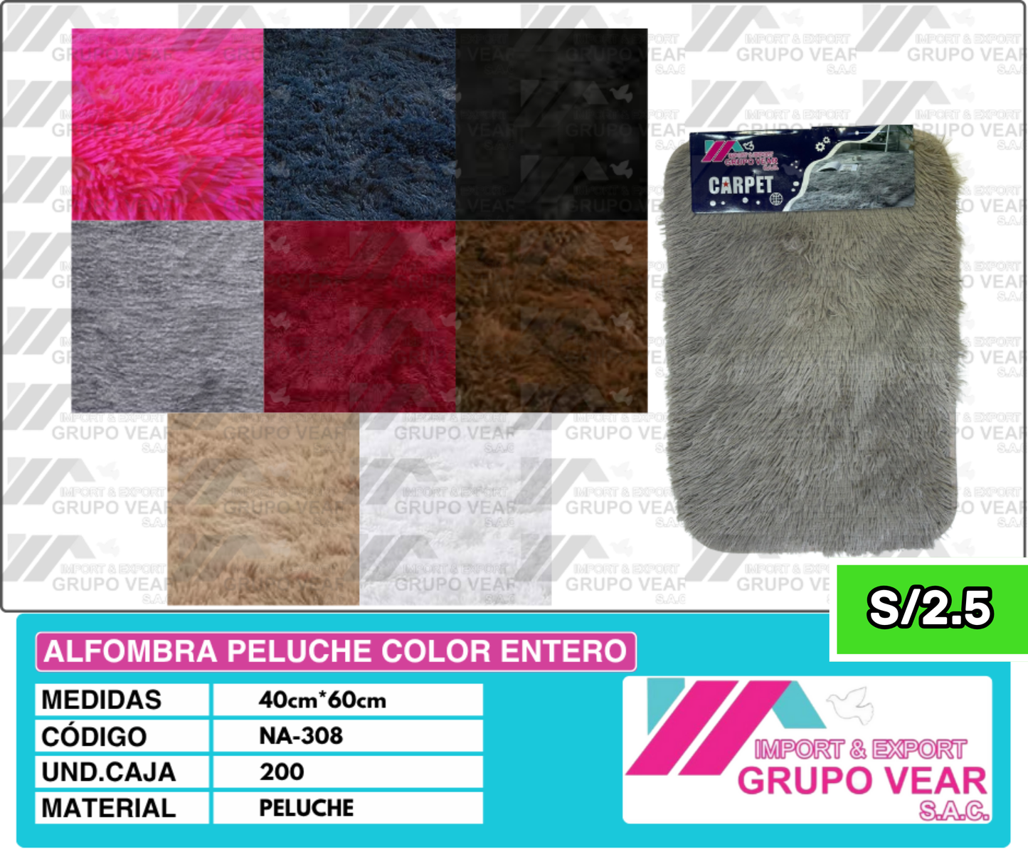 ALFOMBRA PELUCHE COLOR ENTERO 60X40 (200 UNIDADES)