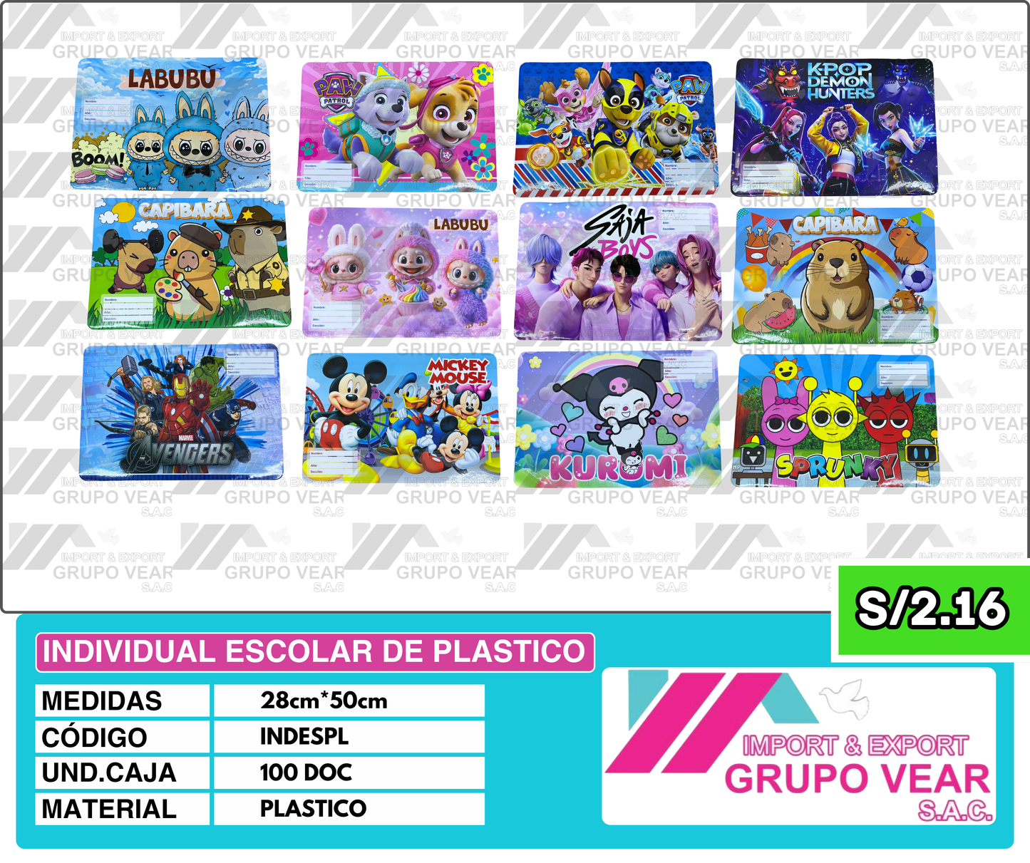INDIVIDUAL ESCOLAR DE PLASTICO (100 DOC)