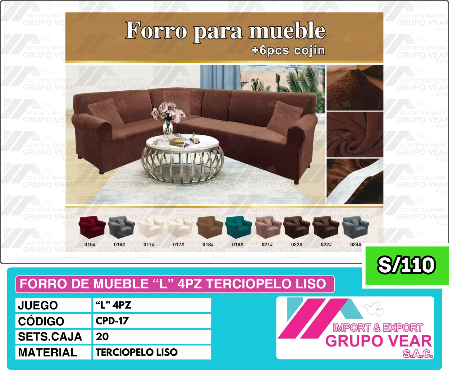 FORRO DE MUEBLE "L" 4PZ TERCIOPELO LISO (20SETS)
