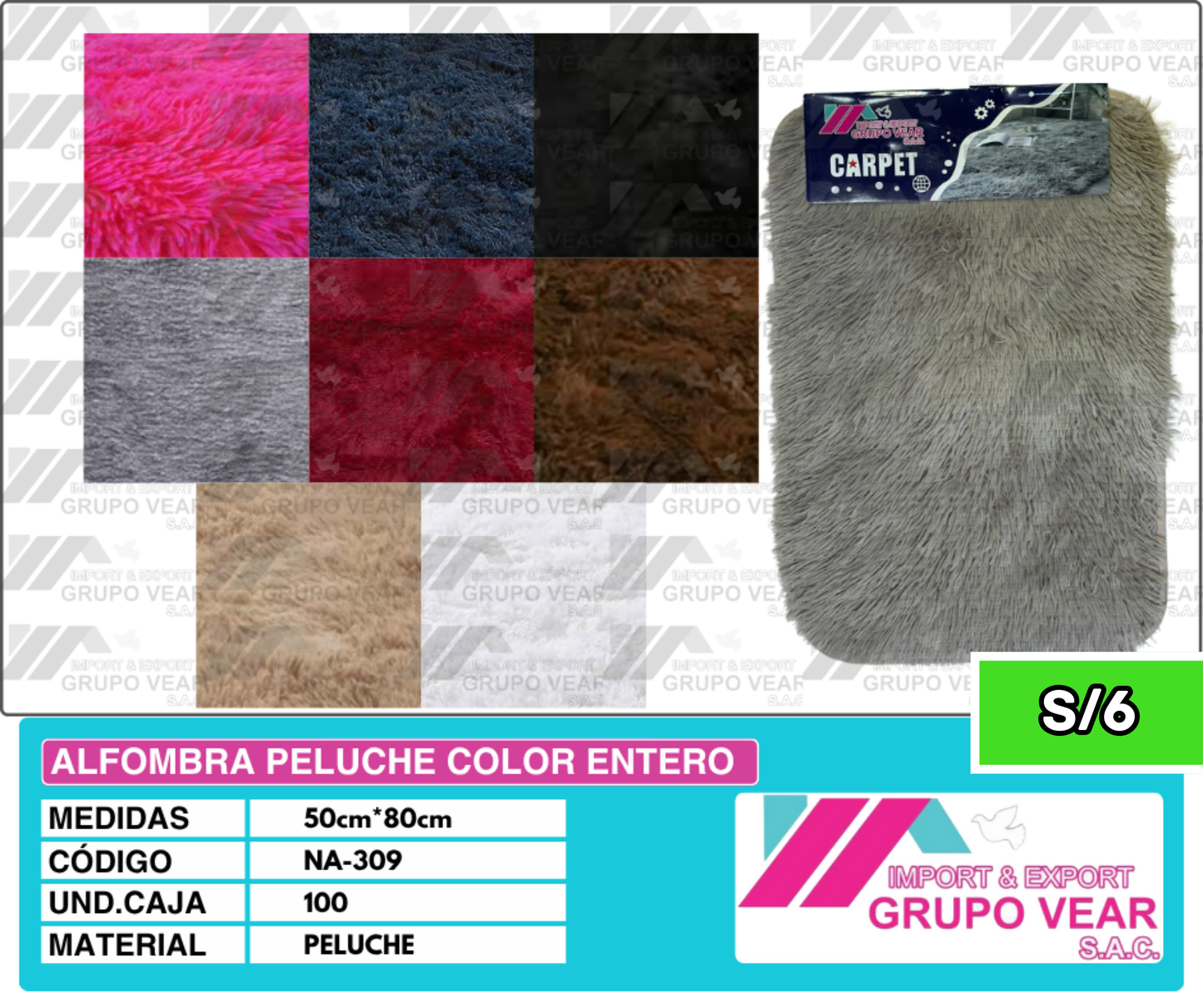 ALFOMBRA PELUCHE COLOR ENTERO 80X50 (100 UNIDADES)