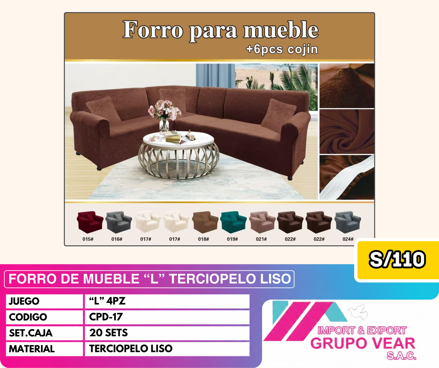 FORRO DE MUEBLE "L" 4PZ TERCIOPELO LISO (20SETS)