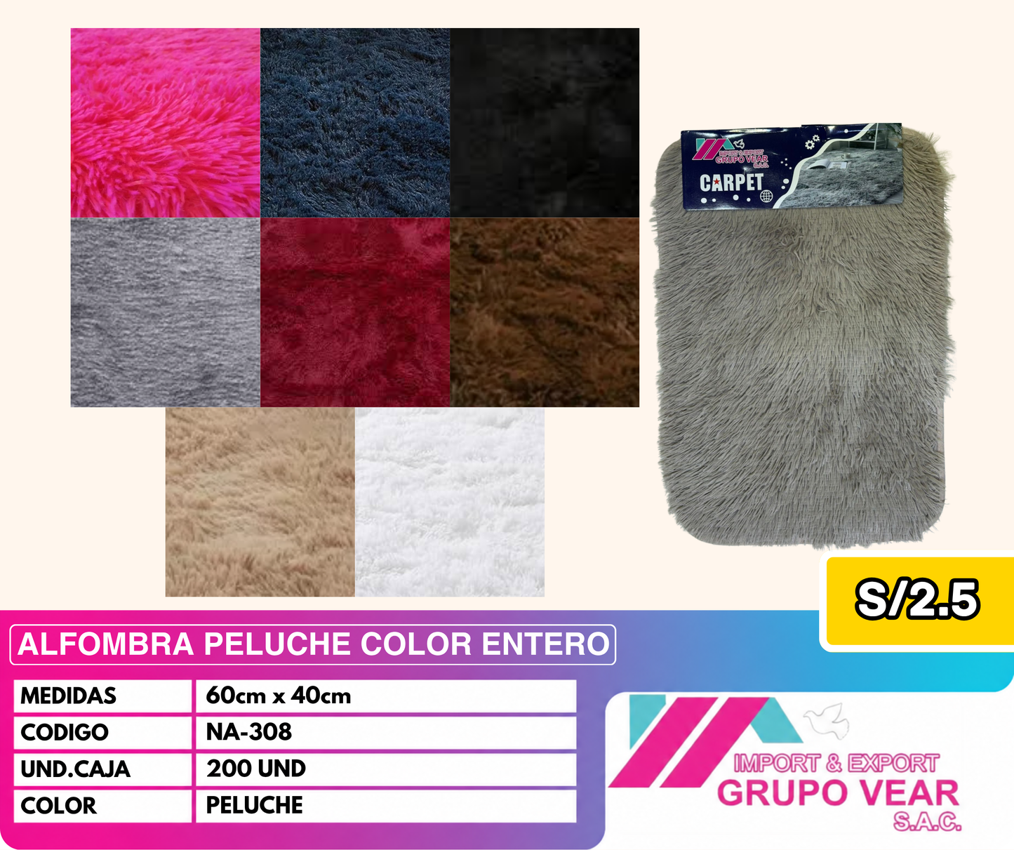 ALFOMBRA PELUCHE COLOR ENTERO 60X40 (200 UNIDADES)