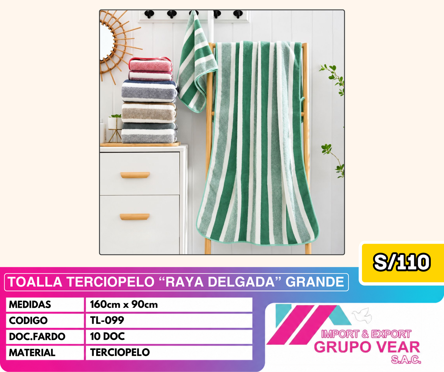 TOALLA TERCIOPELO "RAYA DELGADA" GRANDE (10 DOC)