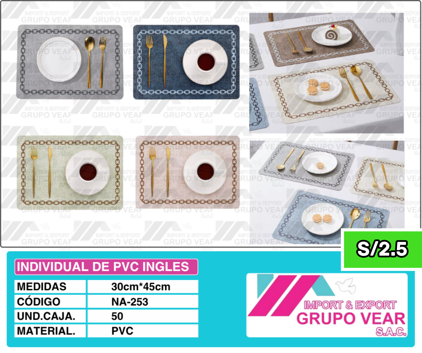 INDIVIDUAL DE PVC INGLES (50 SETS)