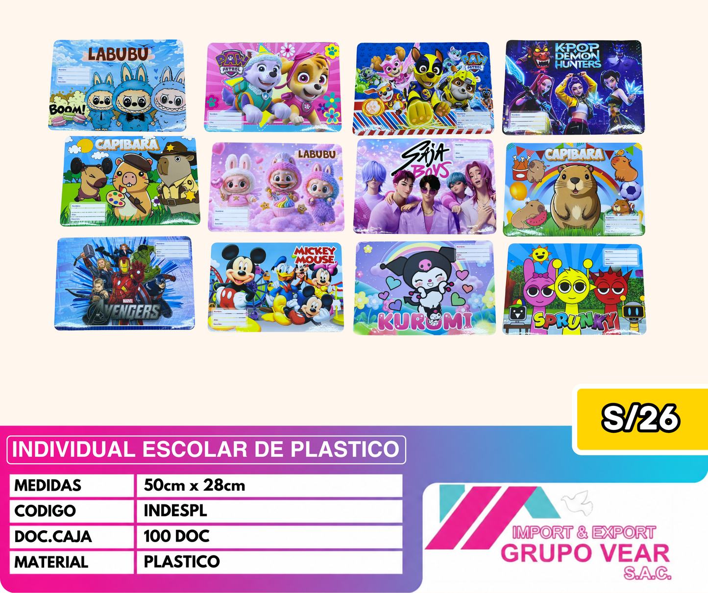 INDIVIDUAL ESCOLAR DE PLASTICO (100 DOC)