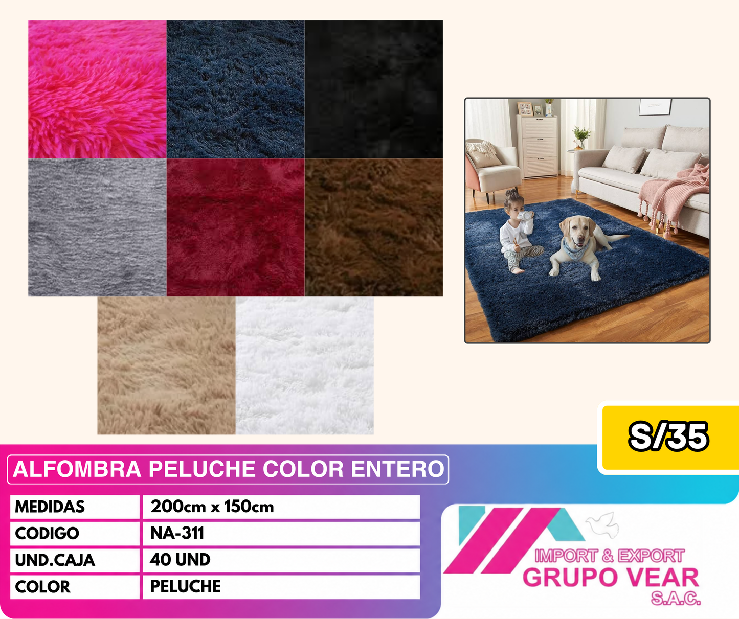 ALFOMBRA PELUCHE COLOR ENTERO 200X150 (40 UNIDADES)