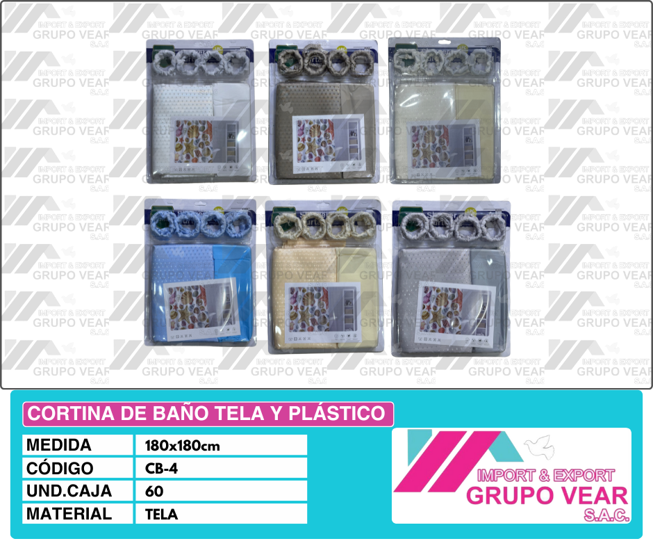 CORTINA DE BAÑO TELA Y PLASTICO (60 UNIDADES)