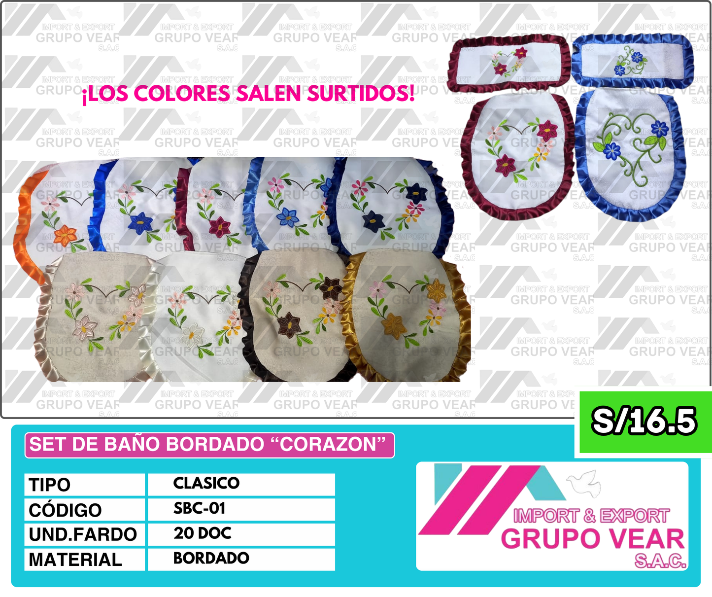 SET DE BAÑO BORDADO FORMA DE "CORAZON" (20 DOC)