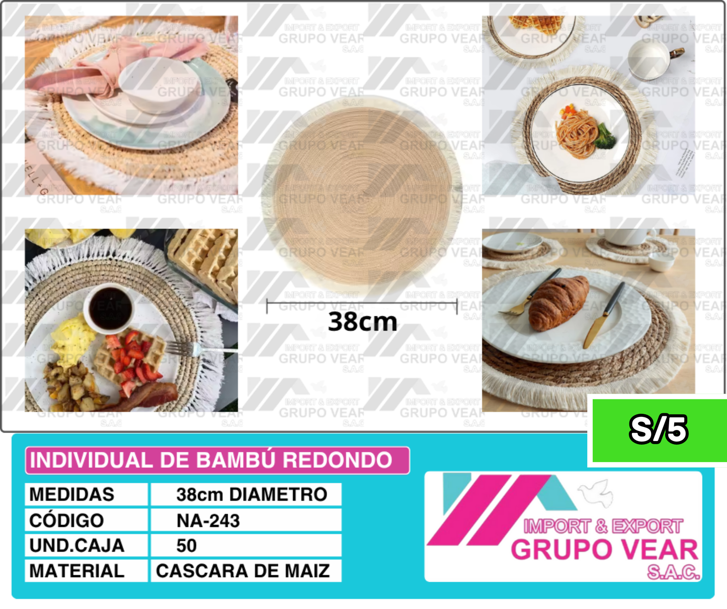 INDIVIDUAL DE BAMBÚ REDONDO (50 SETS)