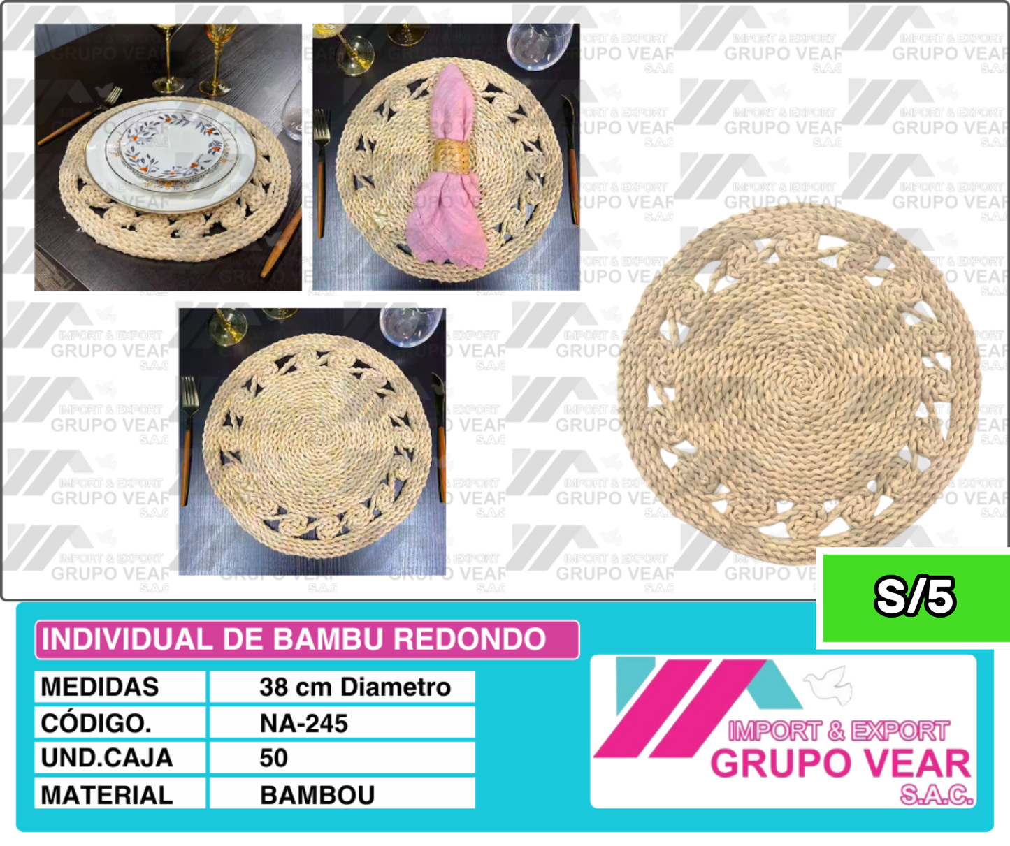 INDIVIDUAL DE BAMBU REDONDO (50 SETS)