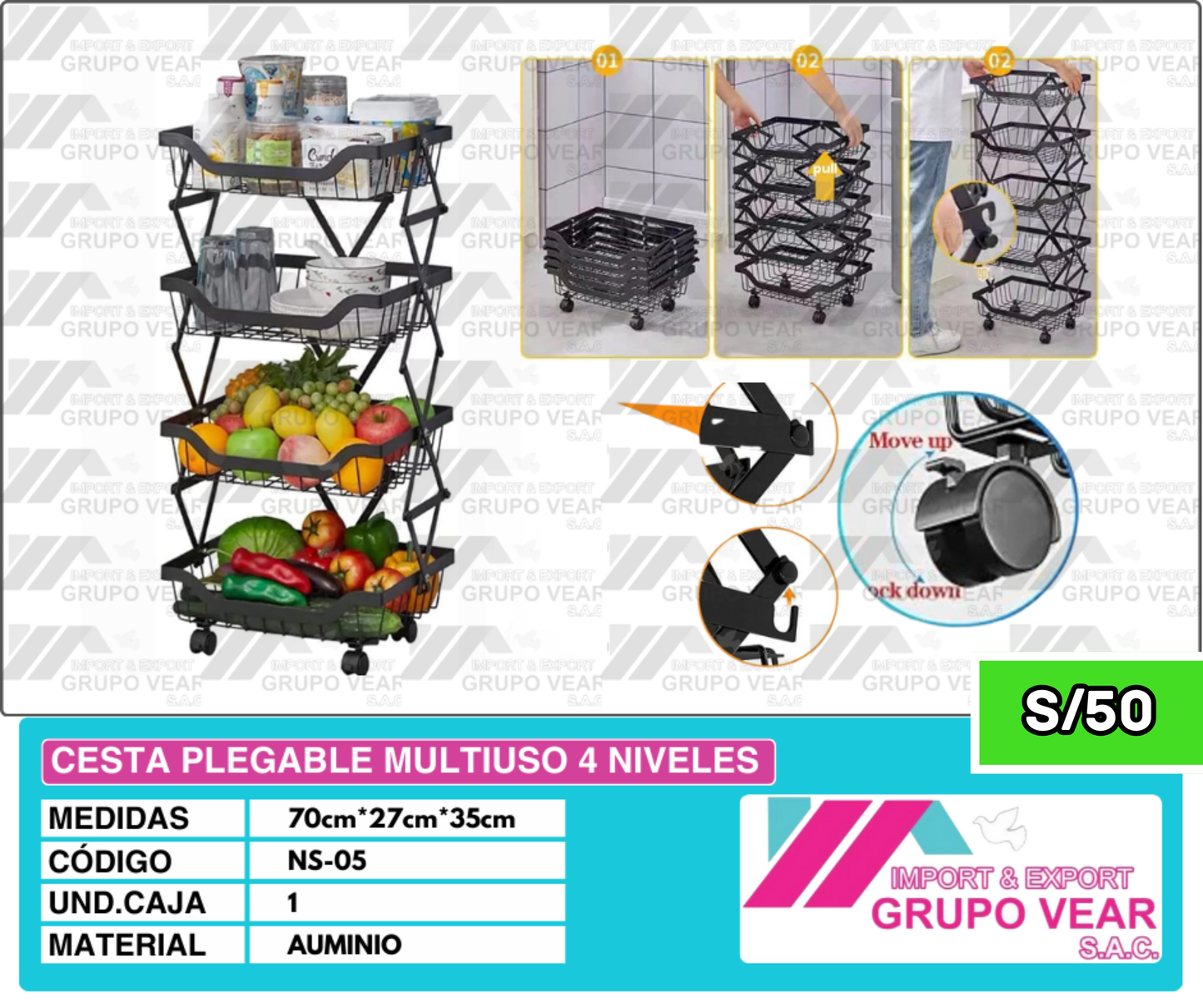 CESTA PLEGABLE MULTIUSO 4 NIVELES (1 UNIDAD)