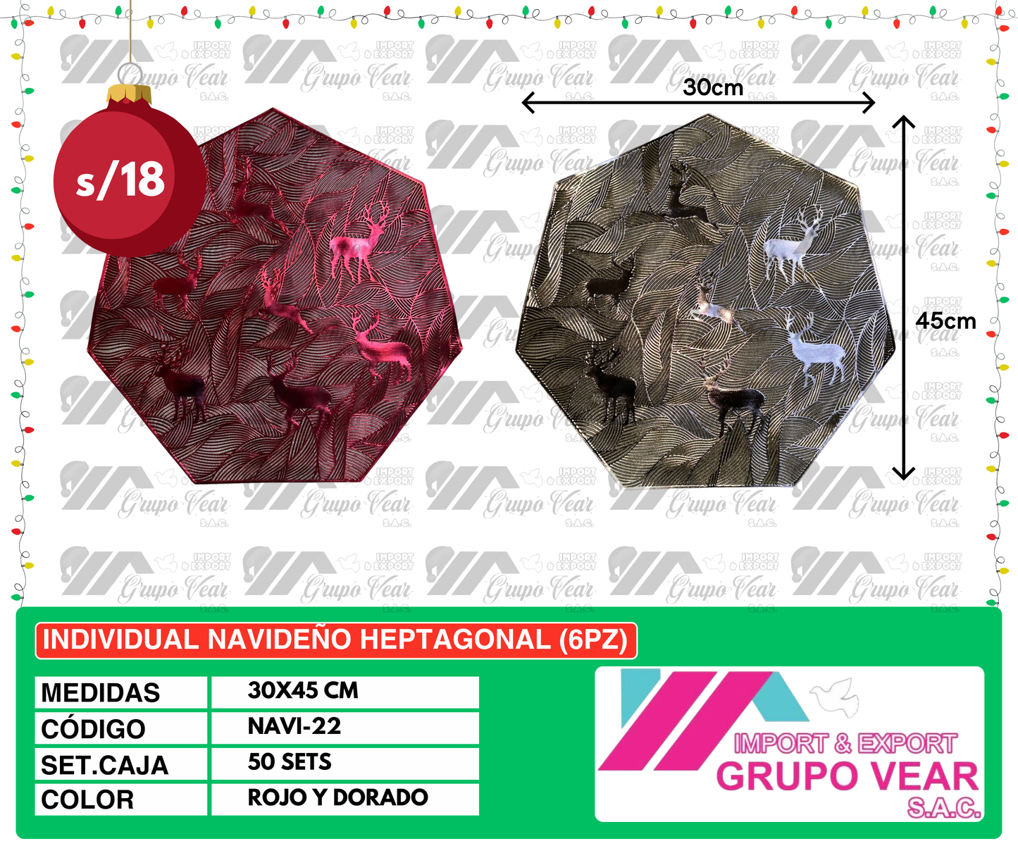 INDIVIDUAL NAVIDEÑO HEPTAGONAL (6PZ POR SET)