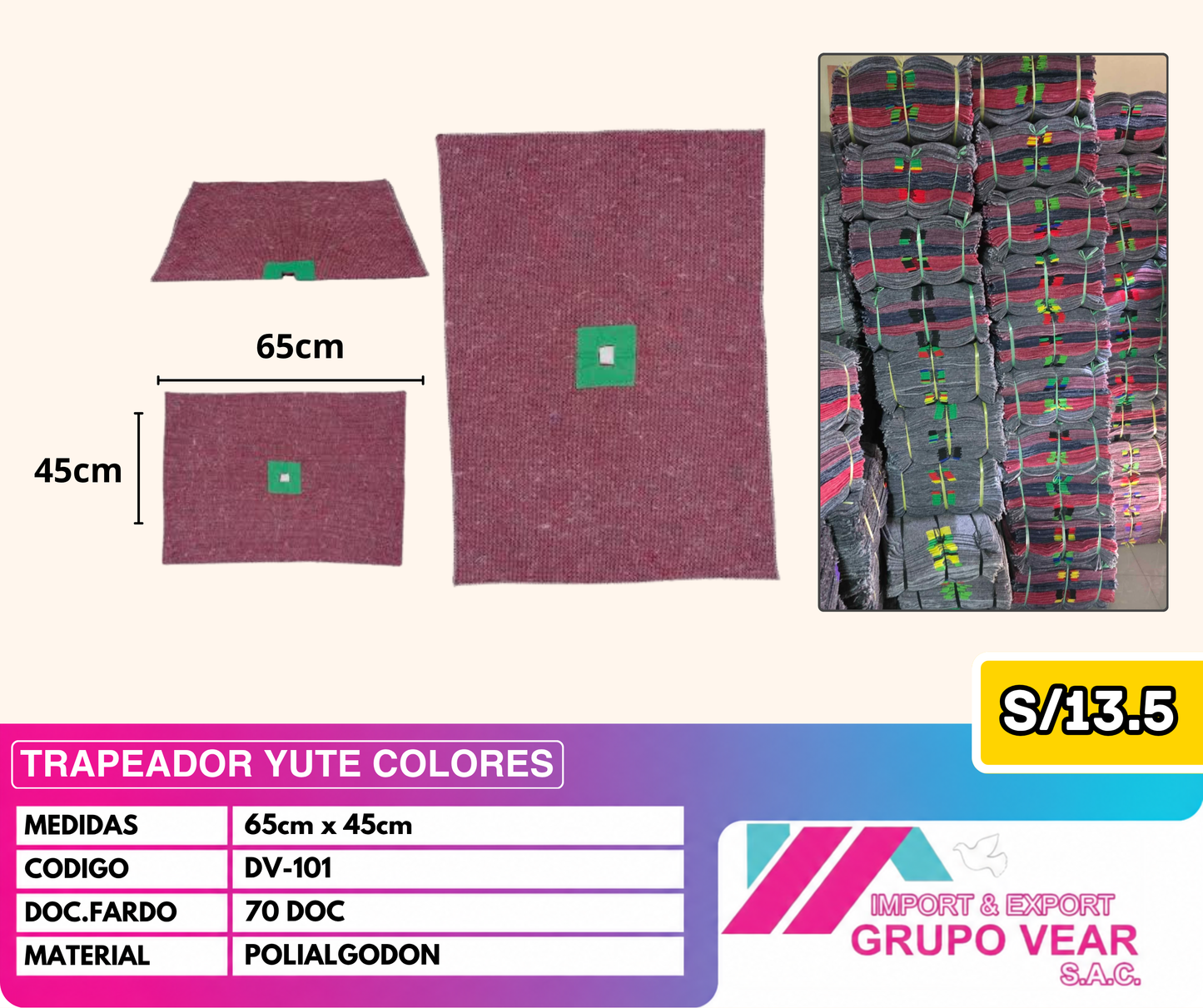 TRAPEADOR YUTE COLORES (70 DOCENAS)