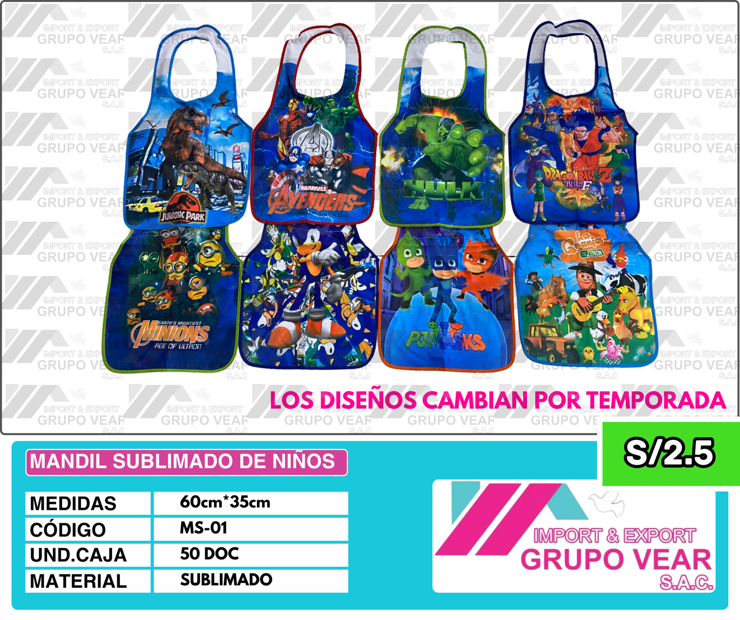 MANDIL SUBLIMADO DE NIÑOS (50 DOC)