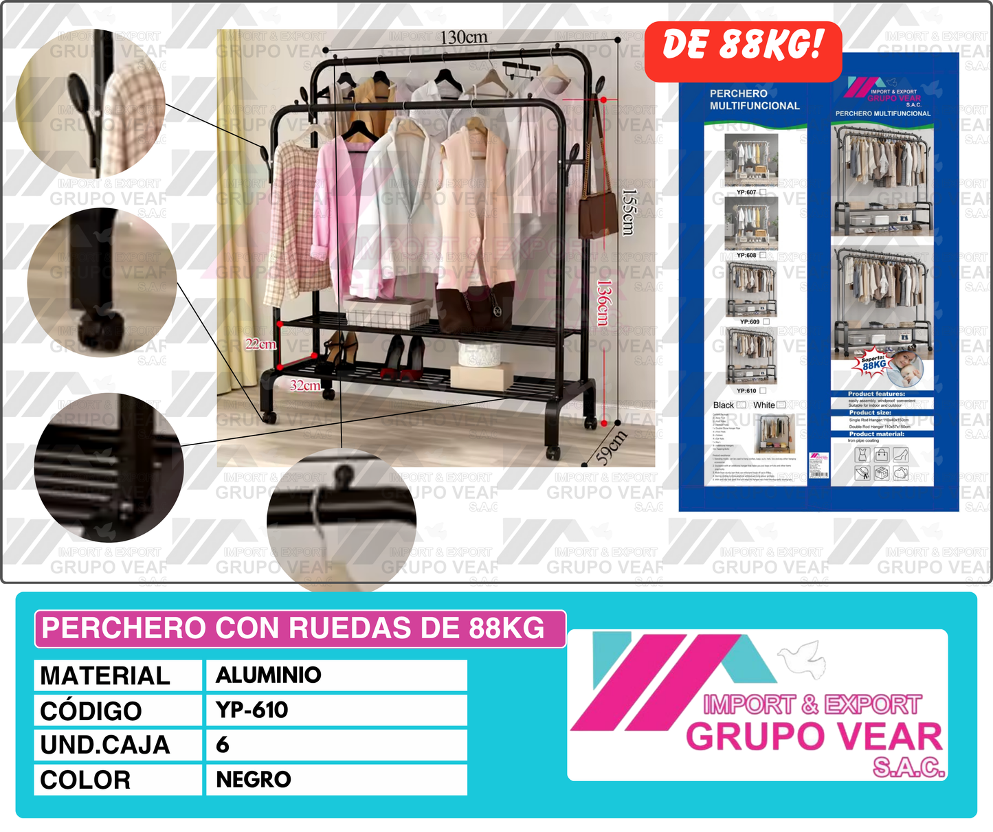 PERCHERO CON RUEDAS DE 2 NIVELES (6 UNIDADES)