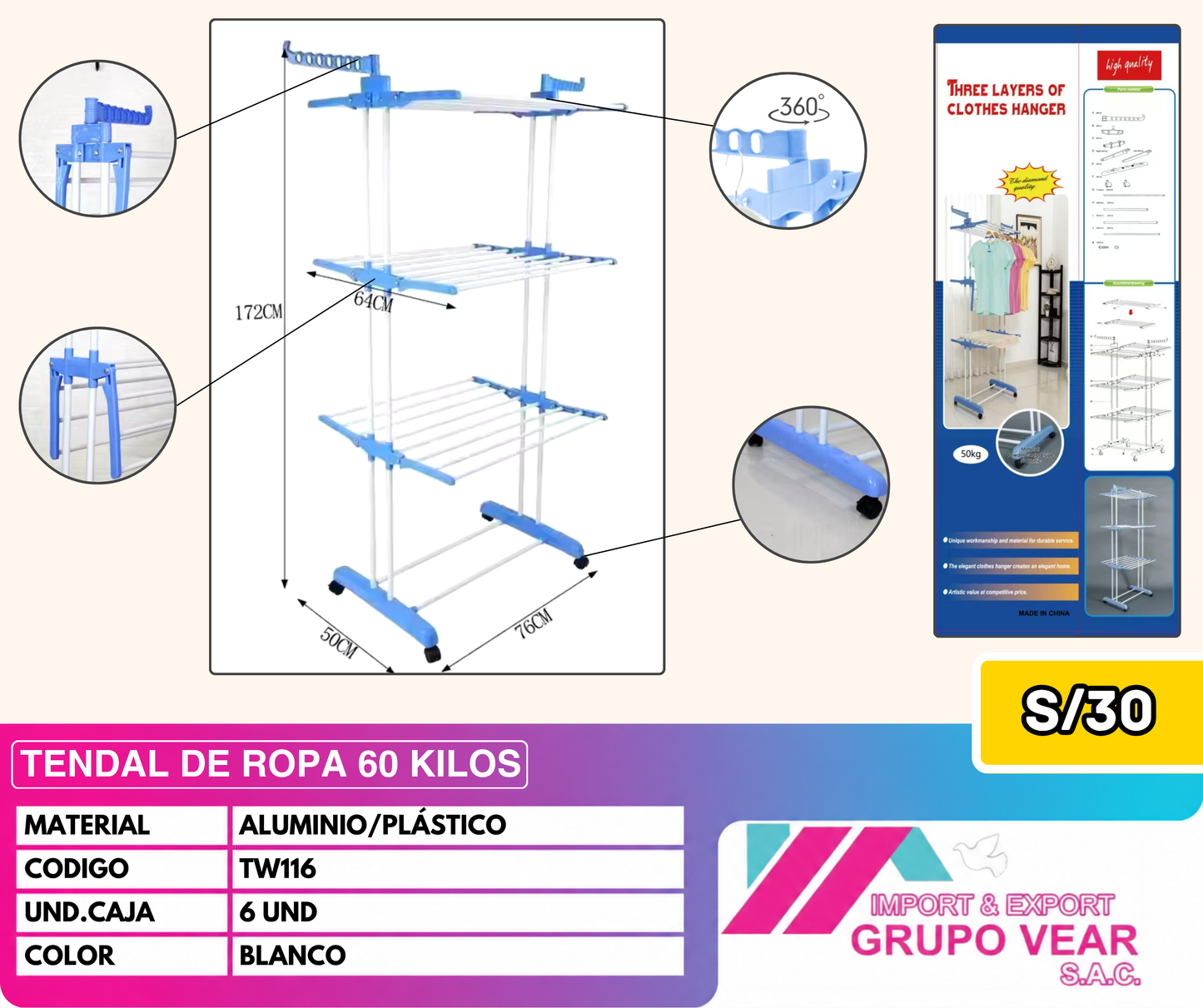TENDAL DE ROPA DE 60KG (6 UNIDADES)
