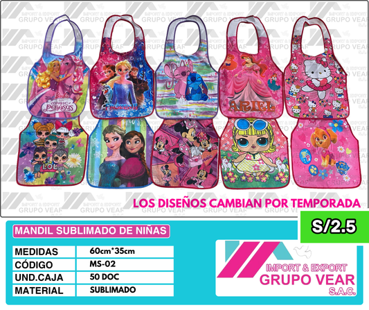 MANDIL SUBLIMADO DE NIÑAS (50 DOC)