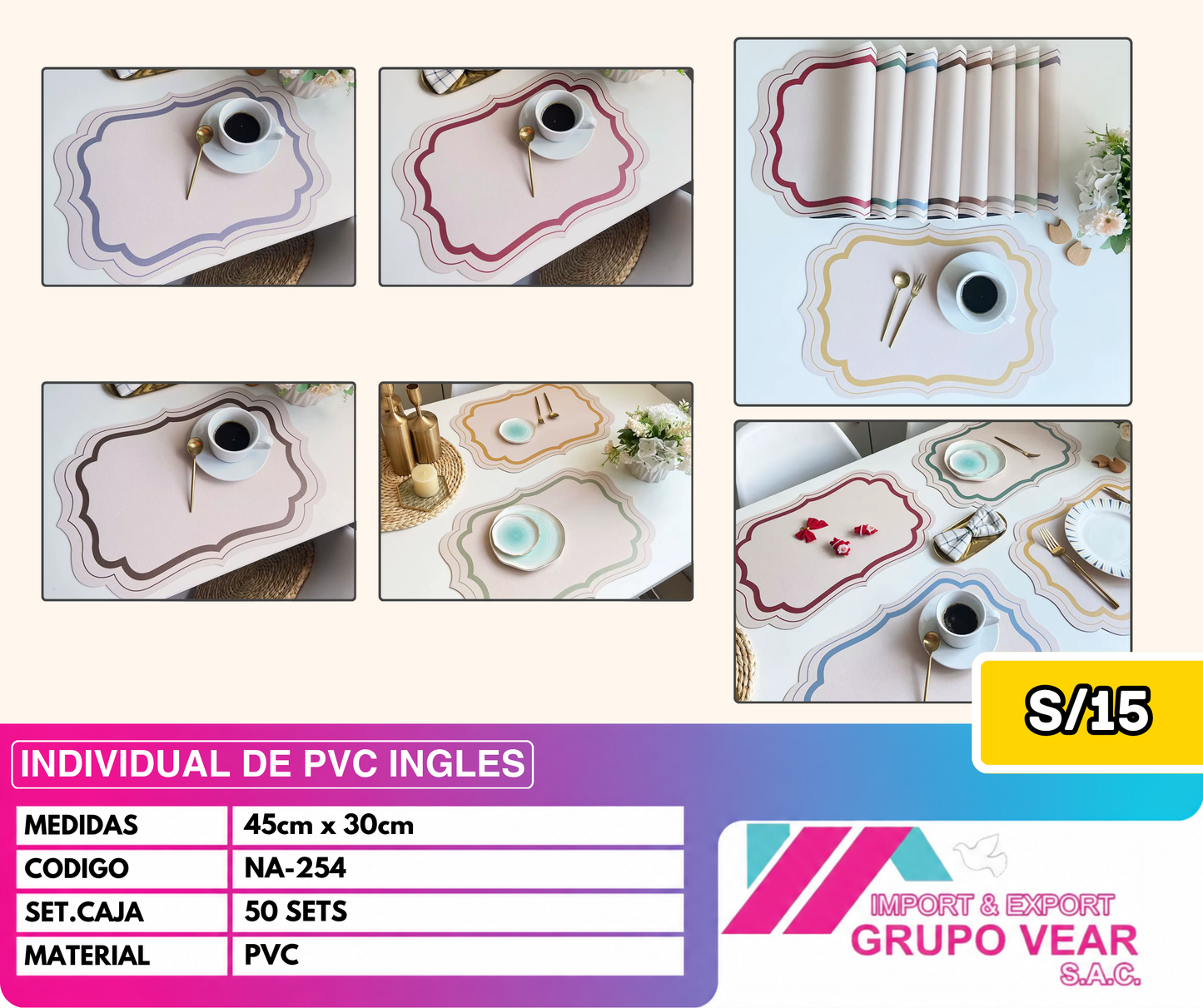 INDIVIDUAL DE PVC INGLES (50 SETS)