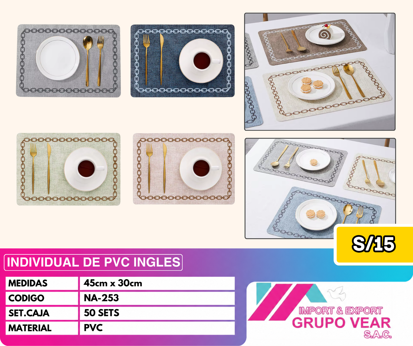 INDIVIDUAL DE PVC INGLES (50 SETS)