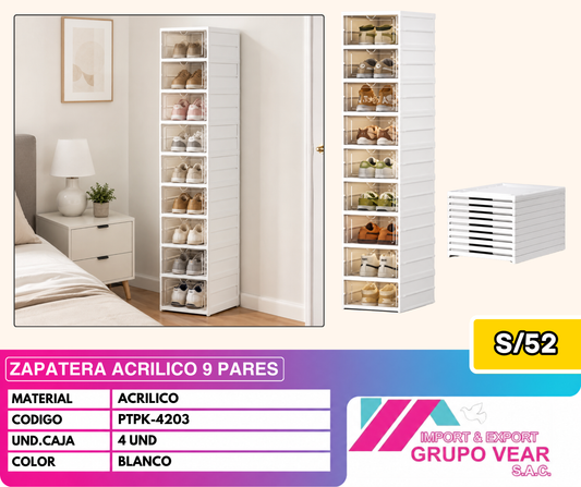 ZAPATERA ACRÍLICA 9 PARES COLOR BLANCO