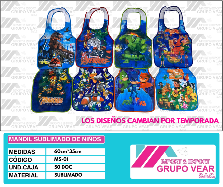 MANDIL SUBLIMADO DE NIÑOS (50 DOC)