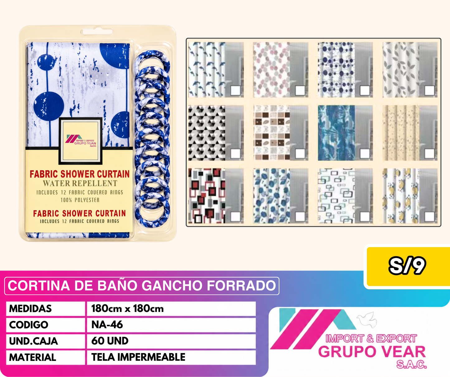 CORTINA DE BAÑO GANCHO FORRADO (60UND)