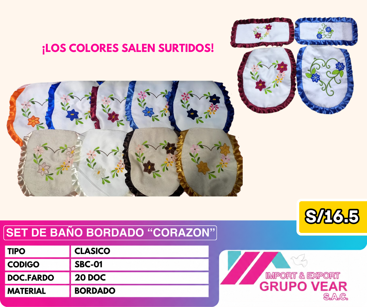 SET DE BAÑO BORDADO FORMA DE "CORAZON" (20 DOC)