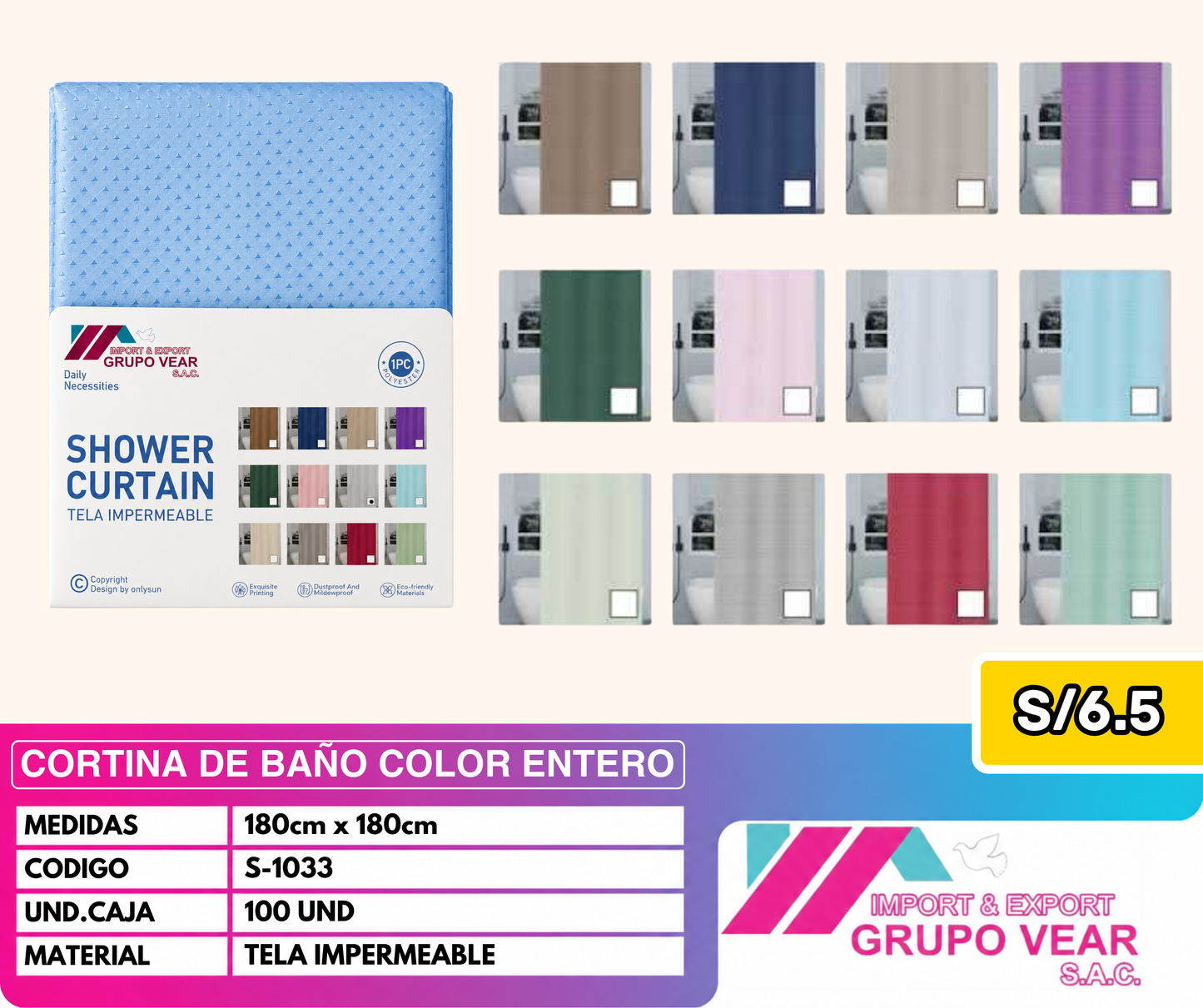 CORTINA DE BAÑO COLOR ENTERO (100UND)