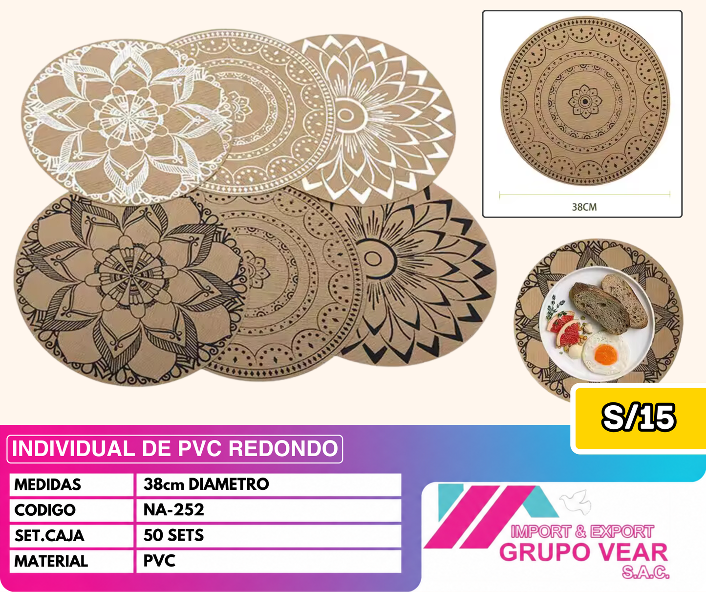 INDIVIDUAL DE PVC REDONDO (50 SETS)