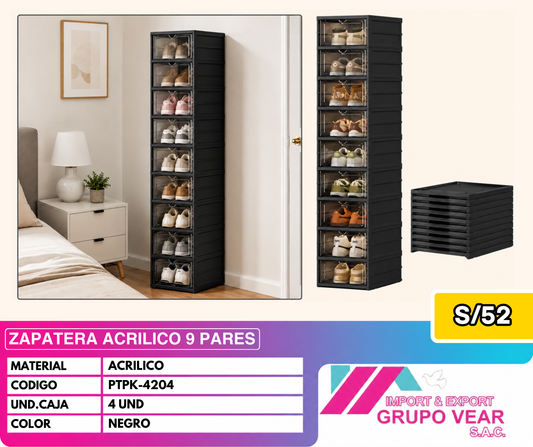 ZAPATERA ACRÍLICA 9 PARES COLOR NEGRO