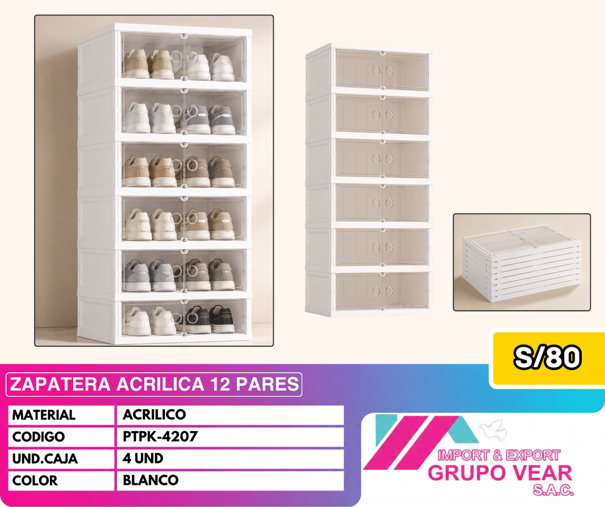 ZAPATERA ACRÍLICA 12 PARES COLOR BLANCO