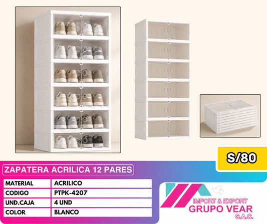 ZAPATERA ACRÍLICA 12 PARES COLOR BLANCO