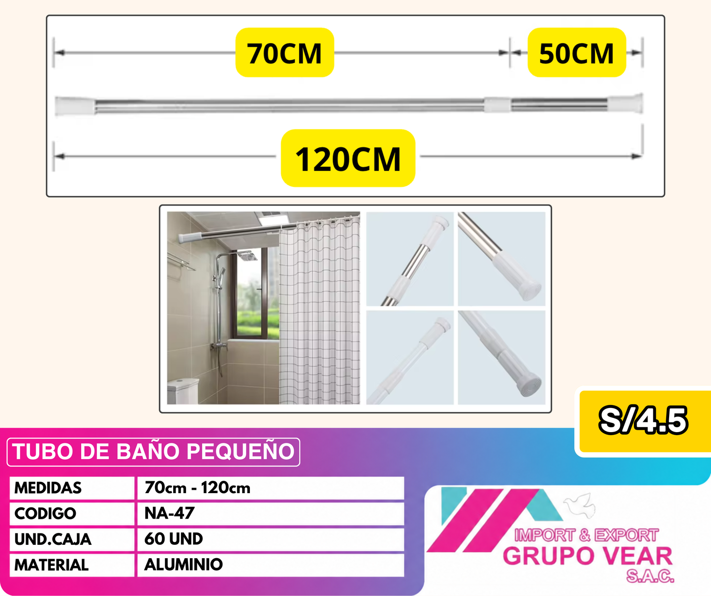 TUBO DE BAÑO 70CM A 120CM (60 UNIDADES)