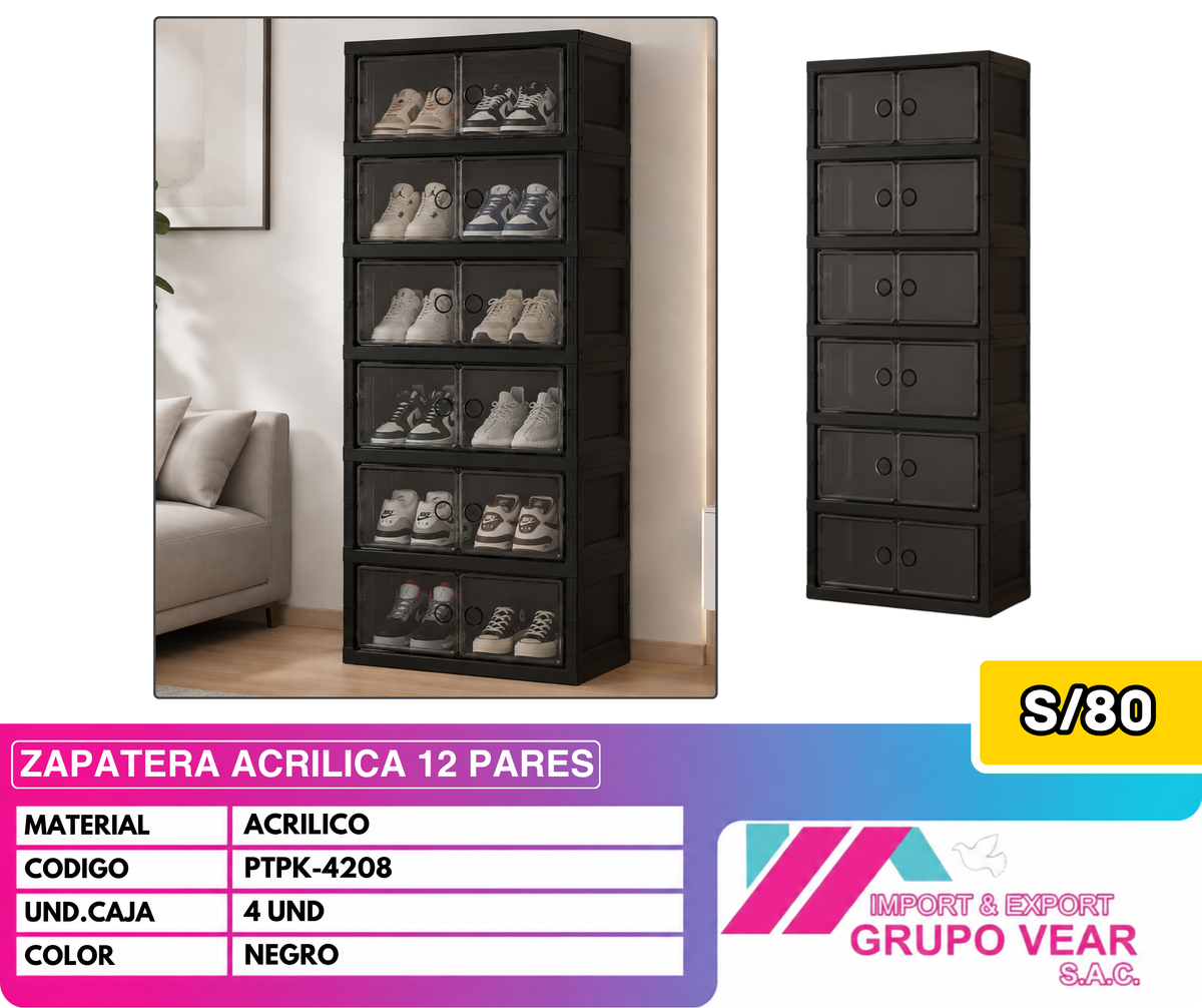 ZAPATERA ACRÍLICA 12 PARES COLOR NEGRO