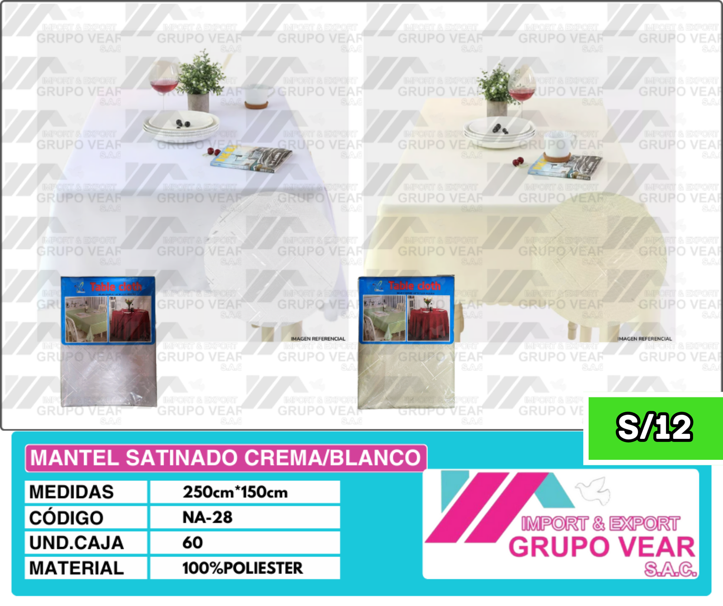 MANTEL SATINADO CREMA/BLANCO (60 UNIDADES)