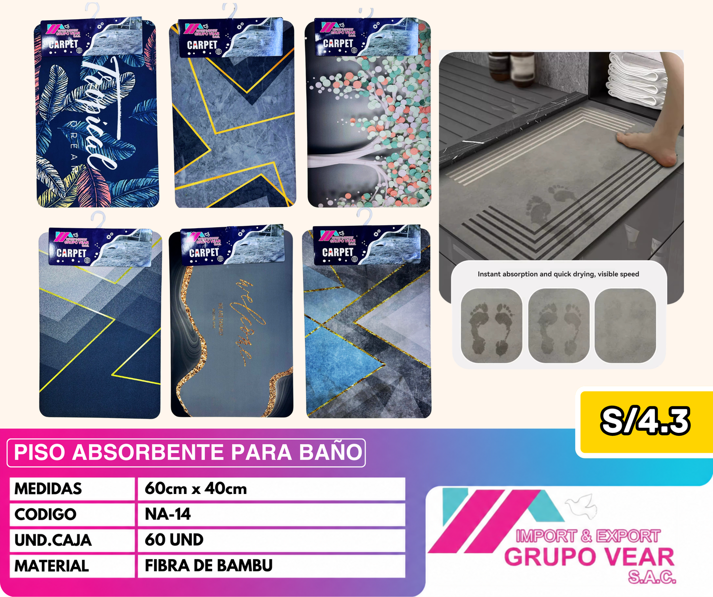 TAPETE ABSORBENTE PARA BAÑO "B" (60 UNIDADES)