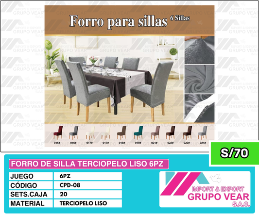 FORRO DE SILLA TERCIOPELO LISO 6PZ (20SETS)