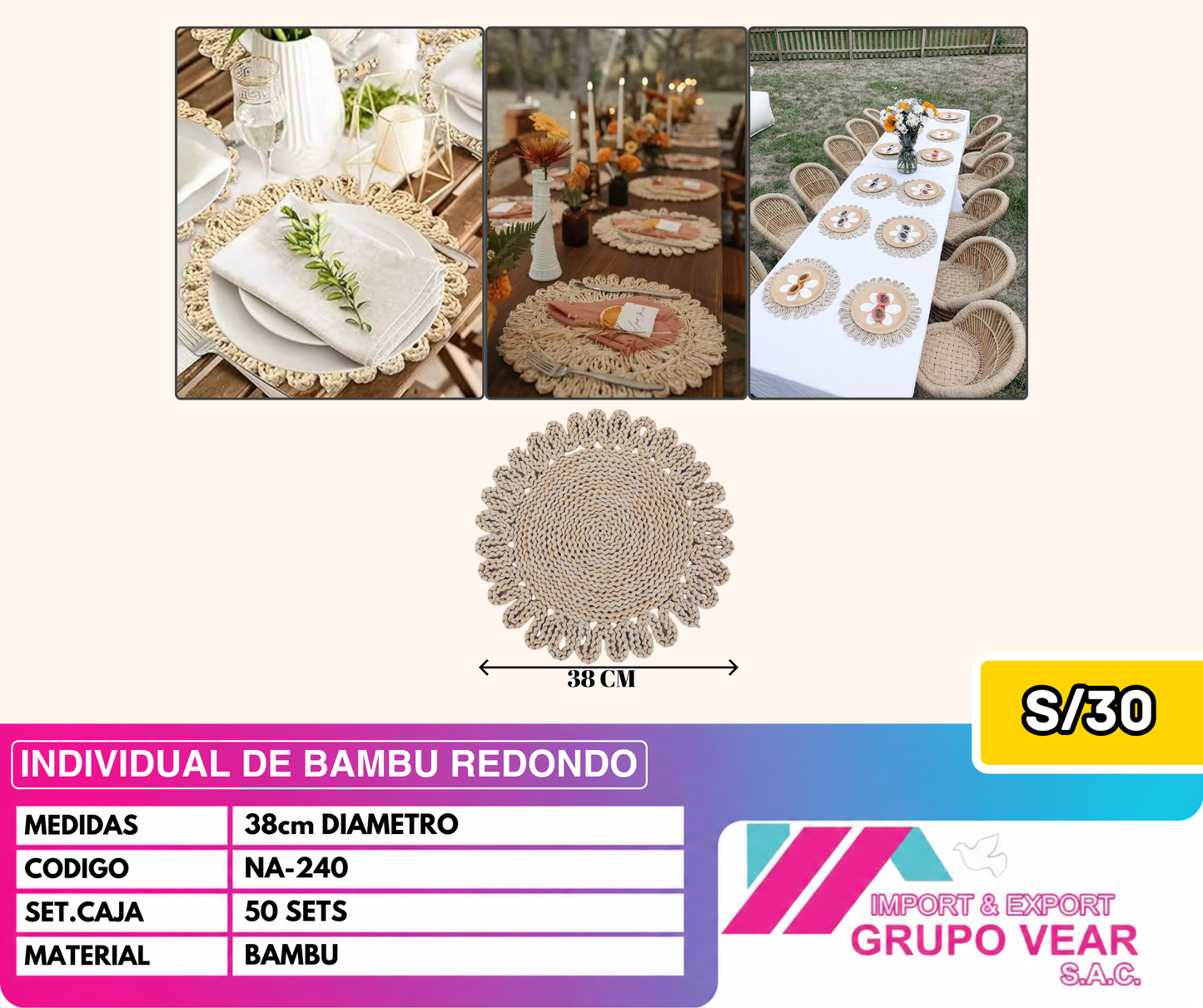INDIVIDUAL DE BAMBU REDONDO (50 SETS)